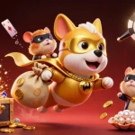 luck8's superhero dog and hamster team soar through a vibrant casino scene filled with treasures and glowing elements.