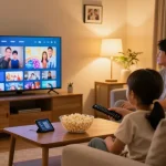 Família assistindo IPTV em uma sala de estar aconchegante, destacando a interação e entretenimento.
