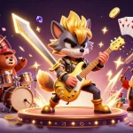 Engage with soikeo's dynamic casino scene, showcasing a rock star wolf and exciting game elements.