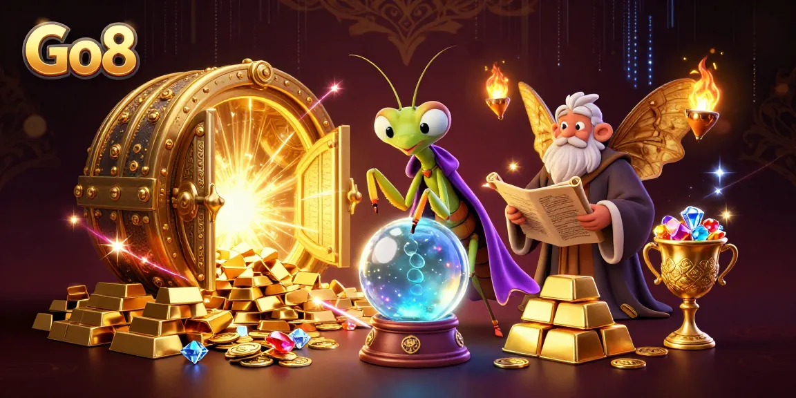 Spin to win with Go8's vibrant casino treasures in a dynamic 3D digital illustration.
