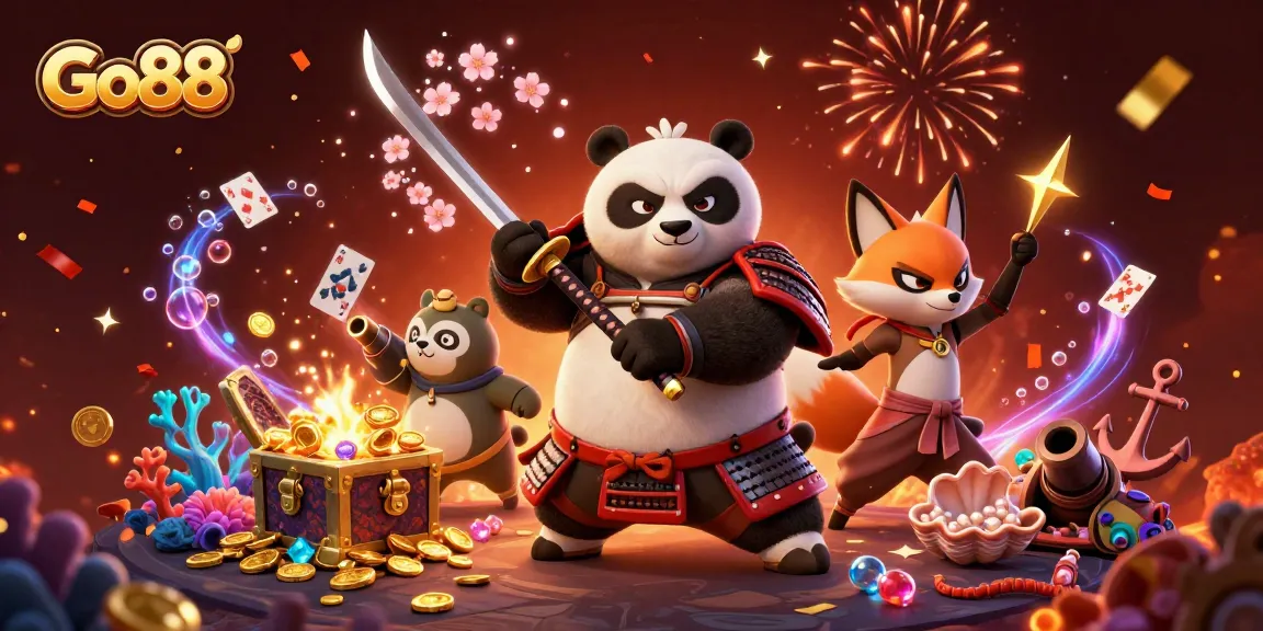 Experience gaming excitement with Go88 as the samurai panda and ninja fox engage in a dynamic casino adventure.