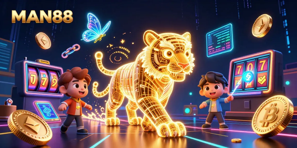 Play thrilling slot games with MAN88 in an immersive 3D casino landscape filled with neon energy.